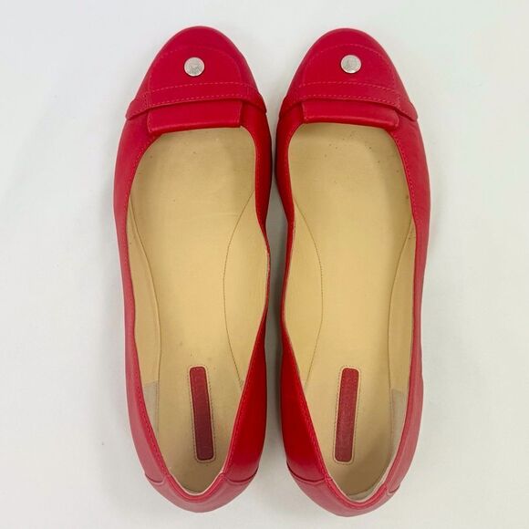 Longchamp Red Leather Logo Snap Toe Italian Made Slip On Classic Ballet Flats - Picture 7 of 15